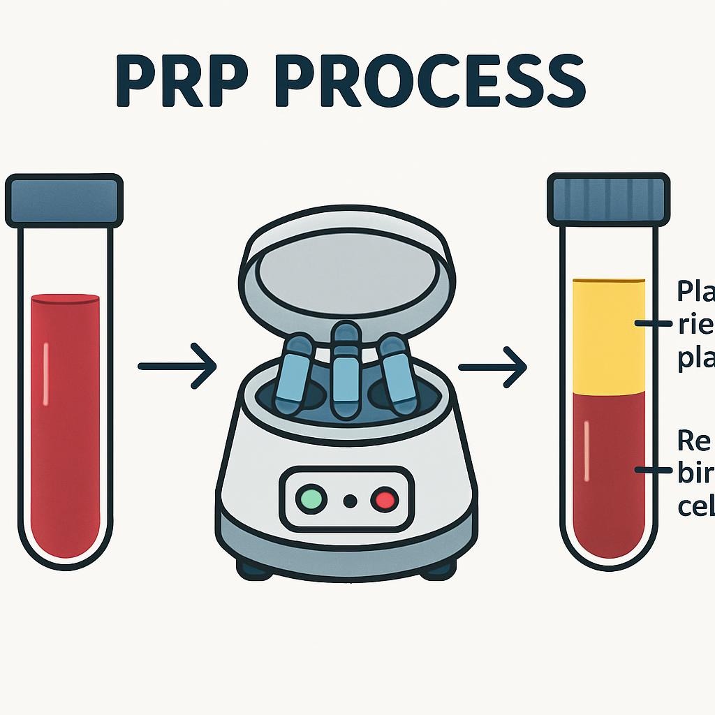 A simple infographic showing the PRP process: a vial of blood, an arrow pointing to a centrifuge machine, and an arrow pointing to a separated vial with platelet-rich plasma. Clean, flat medical diagram style.
